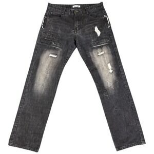 Feeson Men's Black Distressed Jeans‎ Size 32x30 Zipper Skater Gothic Biker Taper